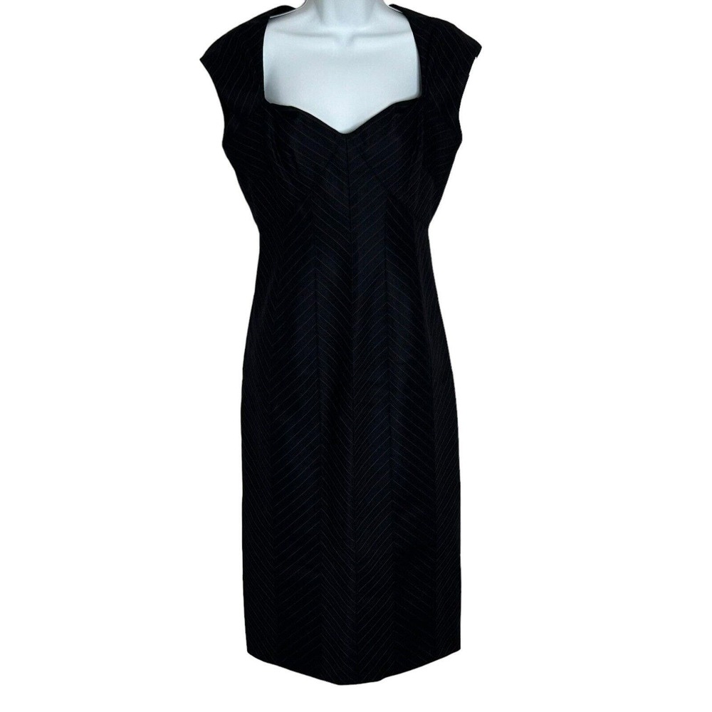 Roberto Cavalli Midi Dress Sz 44 US 8 Black Wool Pinstripe Sheath